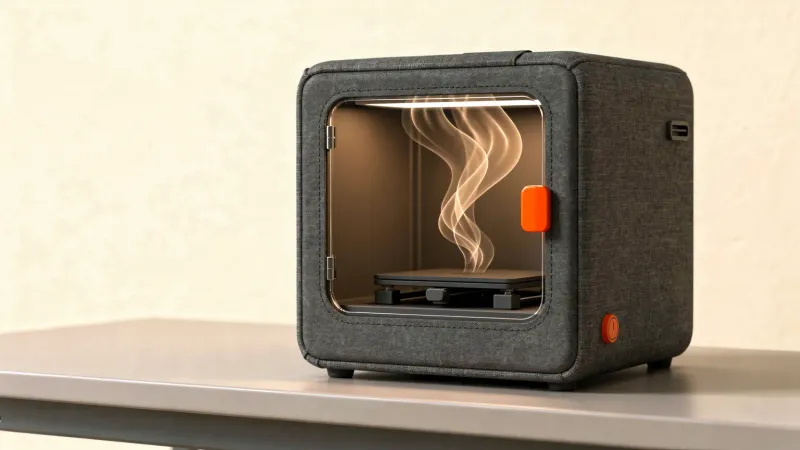 A dark fabric-paneled enclosure with a clear front window around a small desktop 3D printer, with warm air curling above the print bed