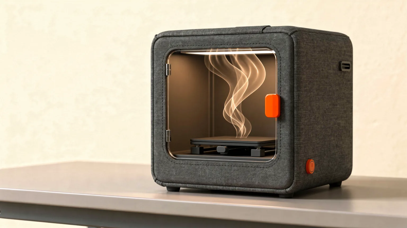 A dark fabric-paneled enclosure with a clear front window around a small desktop 3D printer, with warm air curling above the print bed