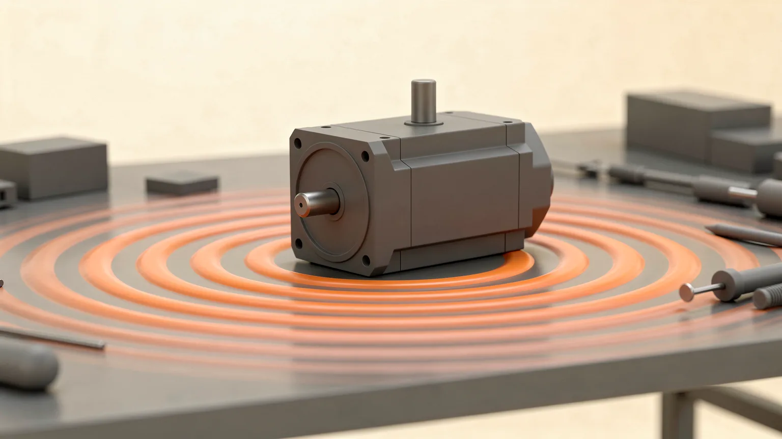 Generic charcoal stepper motor on a workbench with orange concentric sound-wave ripples spreading across the surface