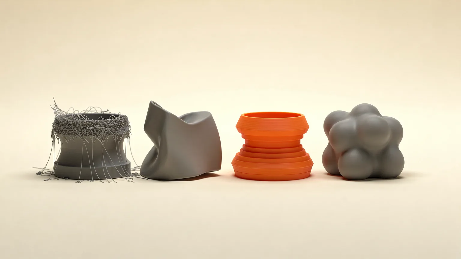 Illustration: a row of four small printed test parts, each with a different subtle defect, a stringy one, a warped one, a layered one and a blobby one, with one orange part