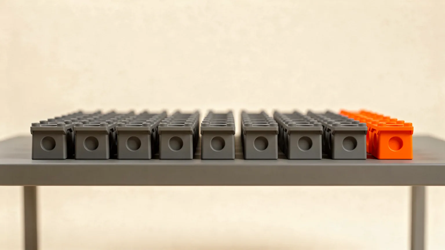 A row of identical grey printed parts on a shelf with one orange part at the end