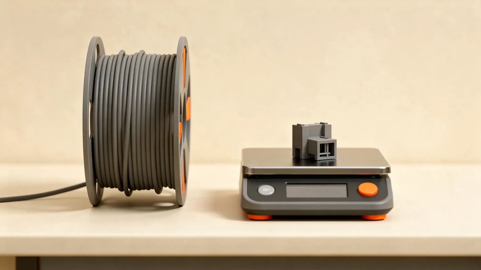 Illustration: a filament spool beside a small kitchen scale weighing a printed part