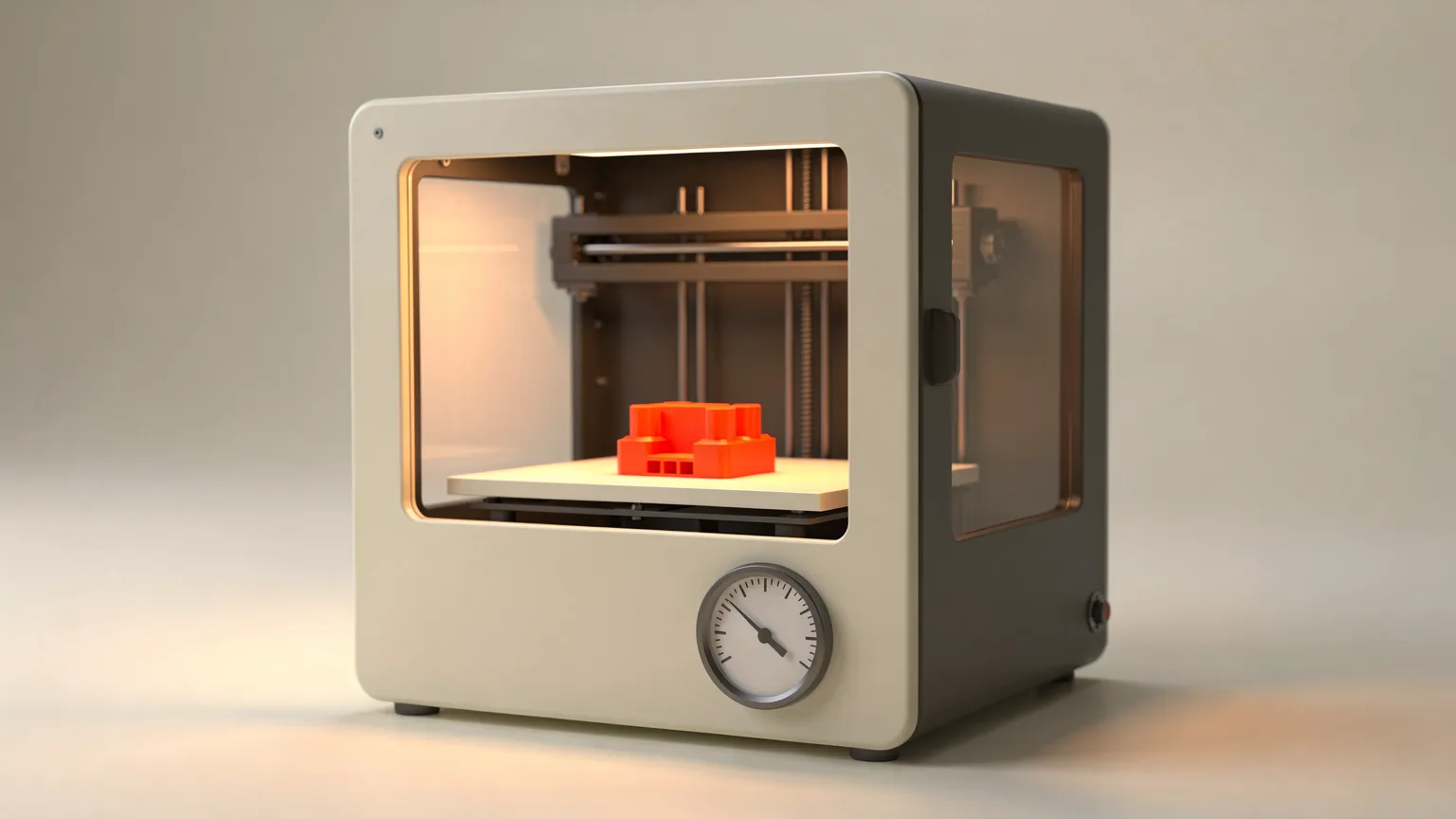 Illustration: a generic enclosed 3D printer chamber with a thermometer-like dial and a small orange ABS part printing inside, warm interior glow