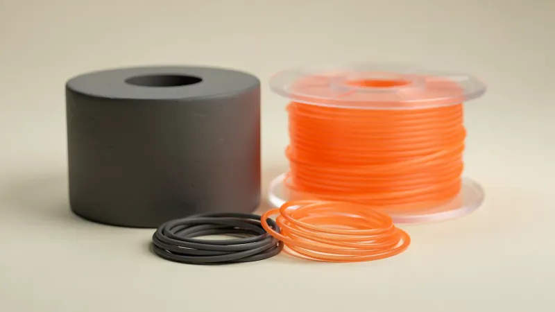 Illustration of a matte charcoal filament roll beside a translucent orange spool with coiled strands of each in front