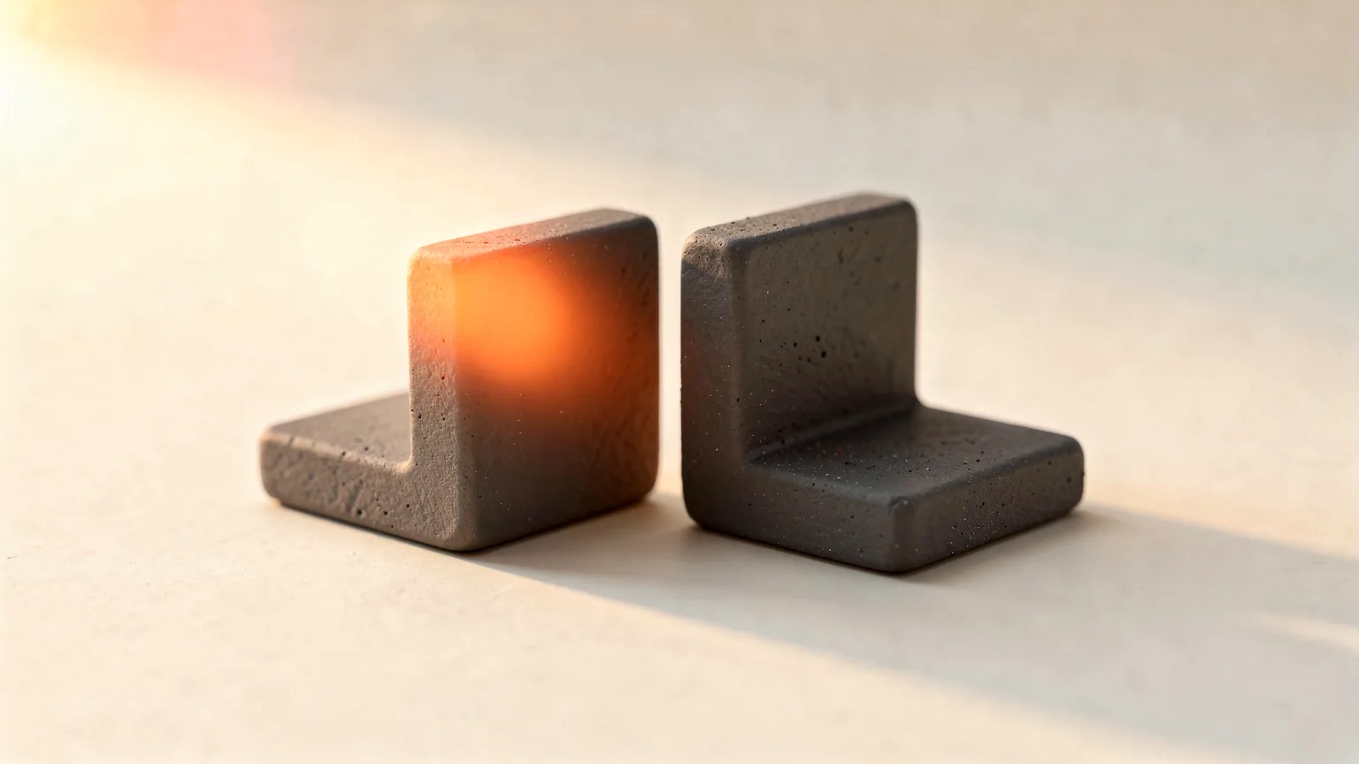 Illustration: two small identical charcoal printed brackets side by side, one with a faint orange sun-glare highlight across its surface, macro view