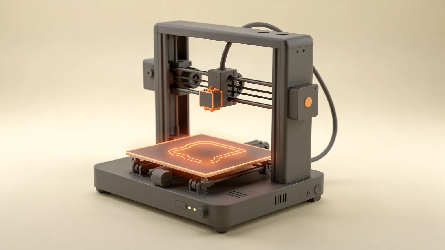 Illustration: a generic desktop 3D printer with a translucent first-layer outline glowing orange on the bed, as if a preview of the first print