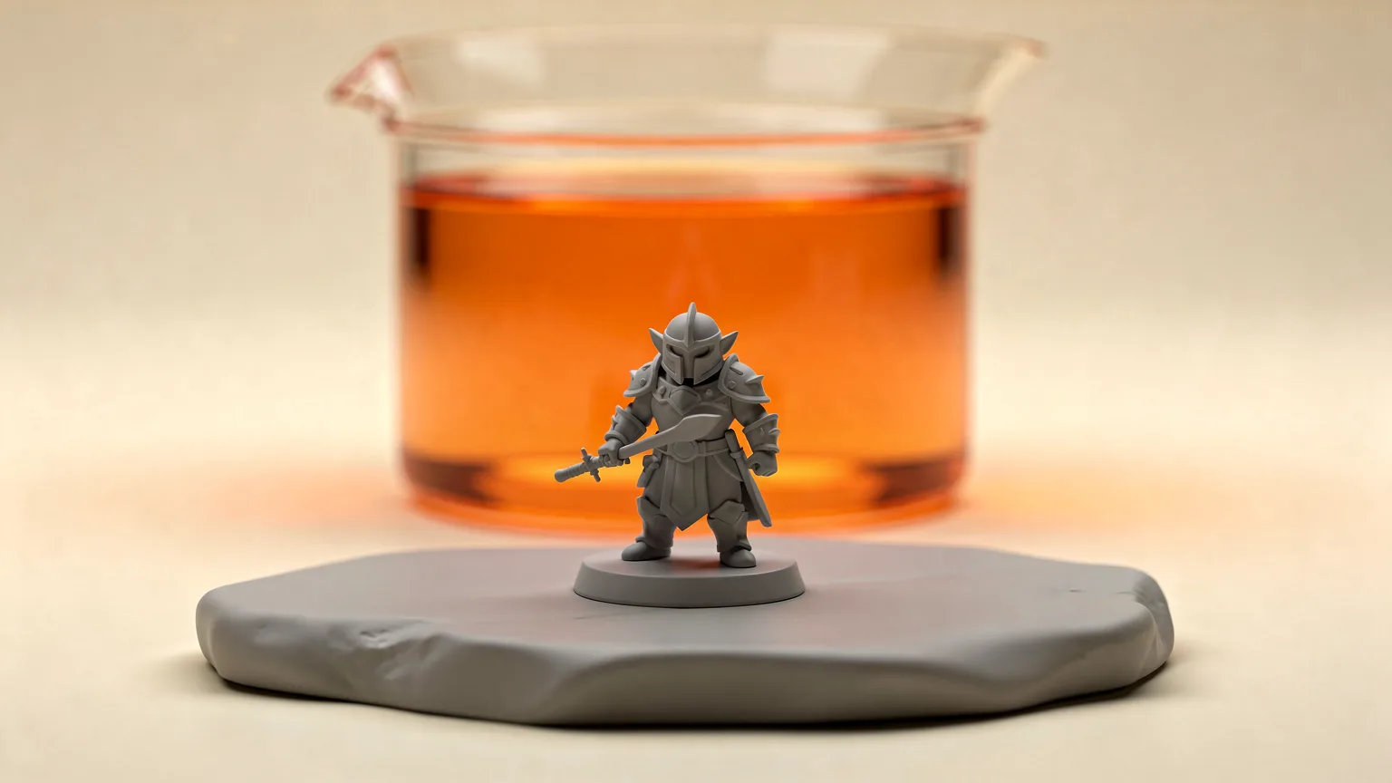 Illustration: a tiny grey fantasy warrior figurine on a round base in front of a translucent orange resin vat
