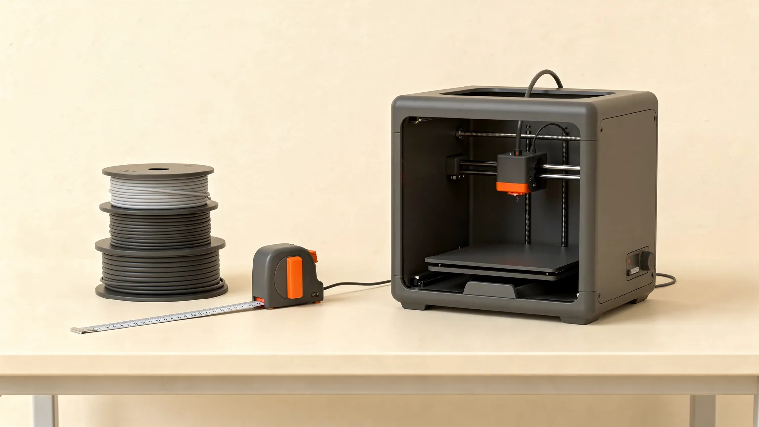 Generic enclosed desktop 3D printer on a workbench beside stacked filament spools and a tape measure