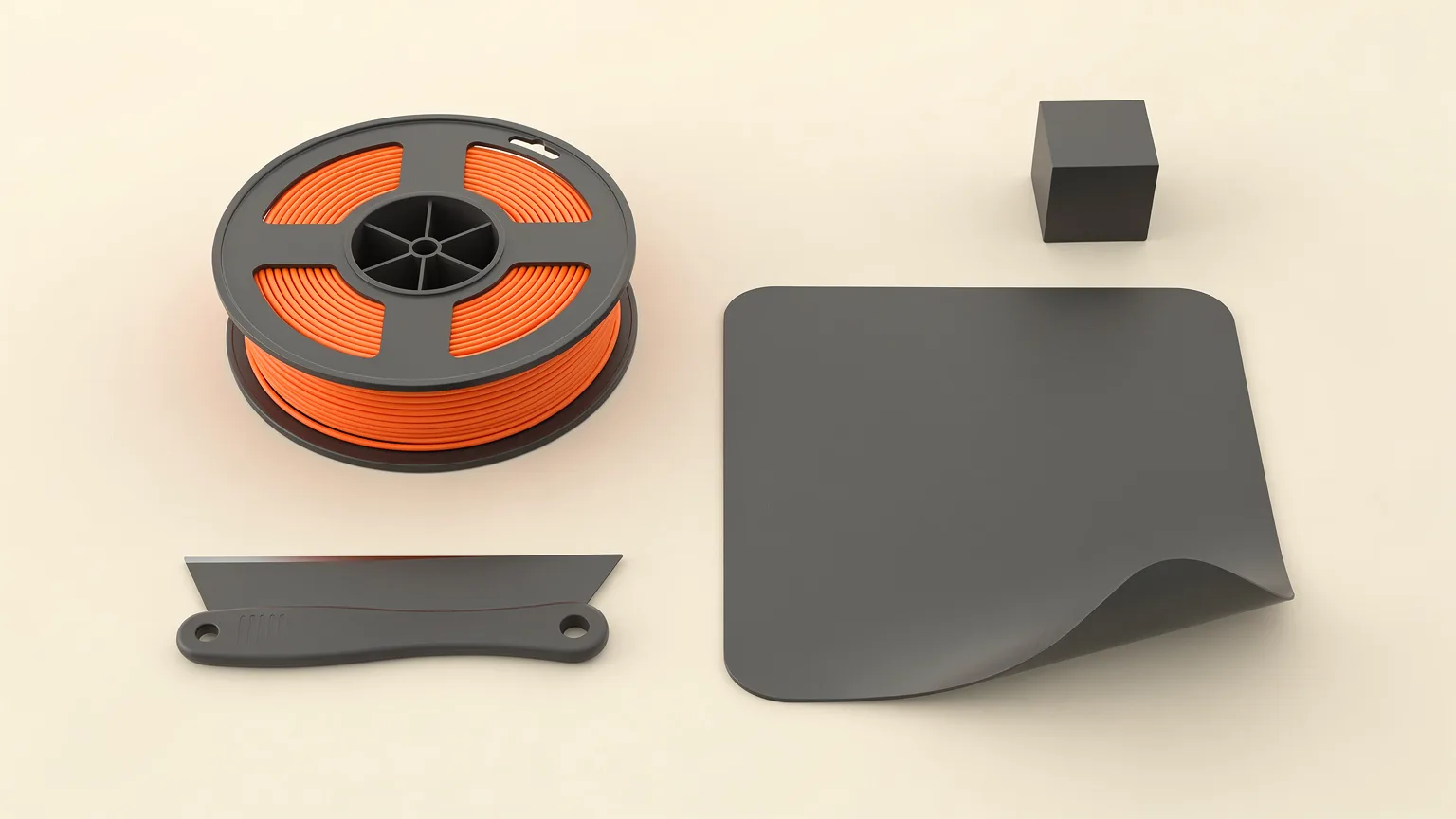 Illustration: a tidy flat-lay of generic beginner 3D printing essentials: one orange spool, a flexible build plate, a scraper and a small calibration cube, seen from above