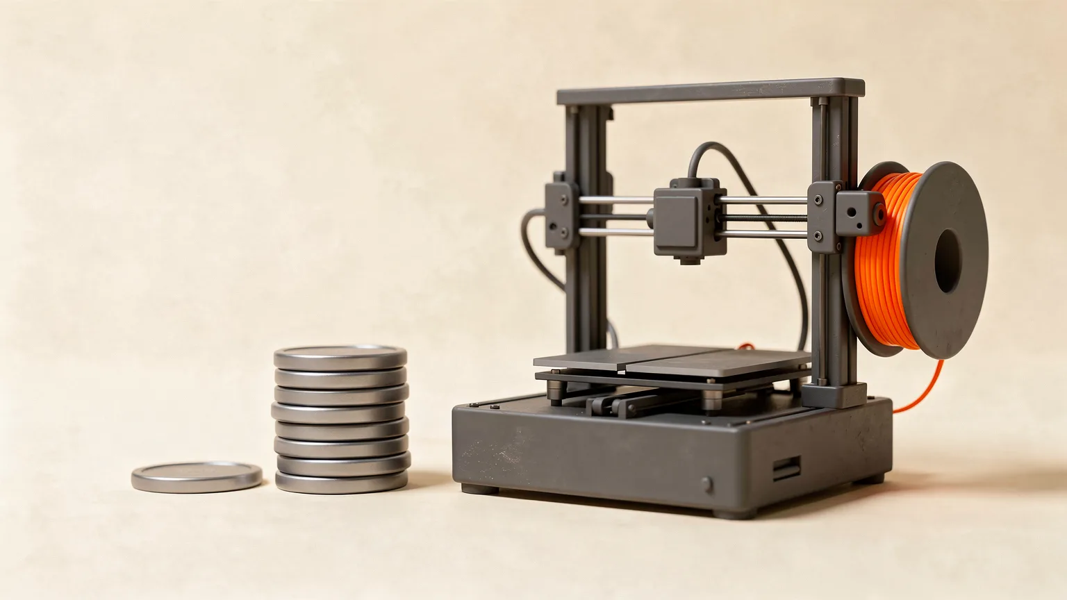 Illustration: a generic compact open-frame 3D printer sitting beside a small stack of coins with no markings, with one orange spool as the accent