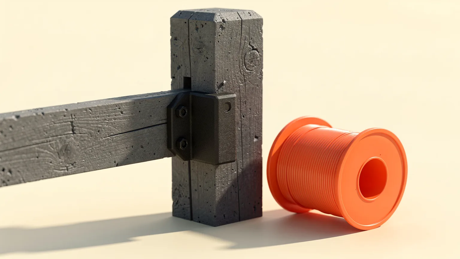 Charcoal printed bracket fixing a fence rail to a weathered post in sunlight, with an orange filament spool beside it