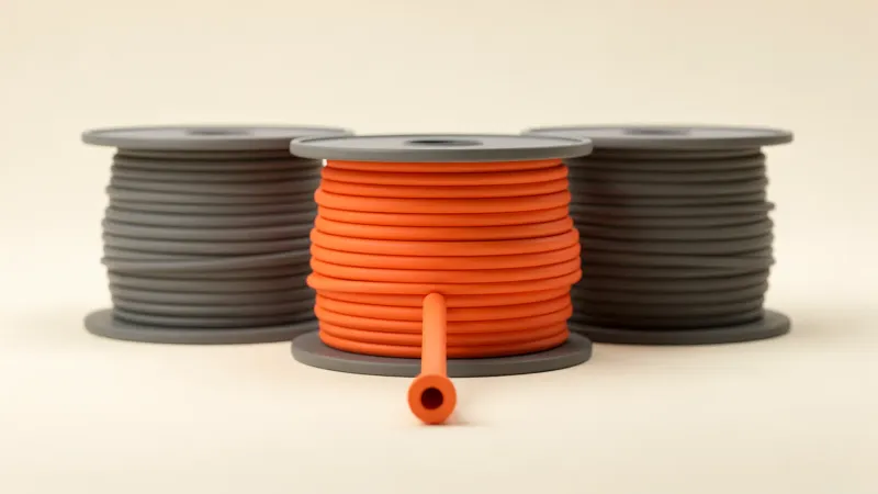 Three matte filament spools on a cream background, the middle one orange with a cut strand showing its round cross-section in front