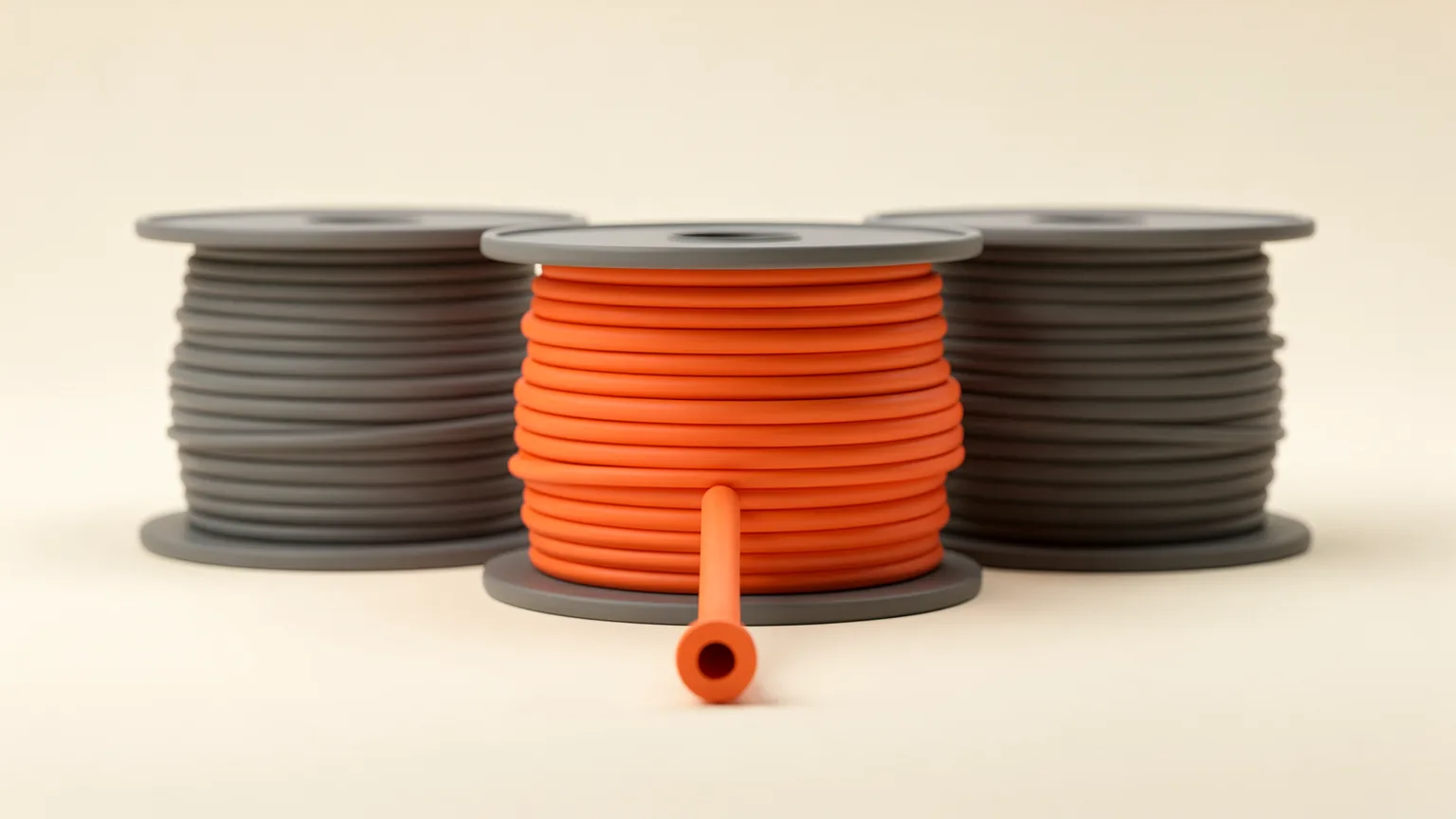 Three matte filament spools on a cream background, the middle one orange with a cut strand showing its round cross-section in front