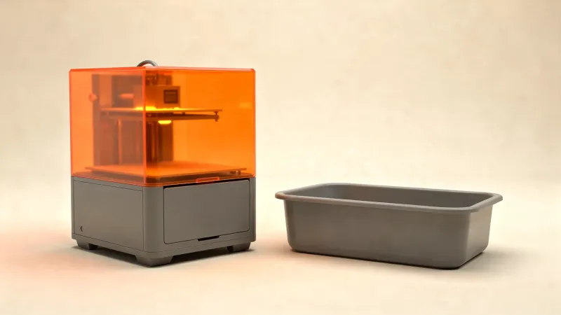 Illustration: a generic small resin printer with its translucent orange cover closed, beside a wash tub, three-quarter angle