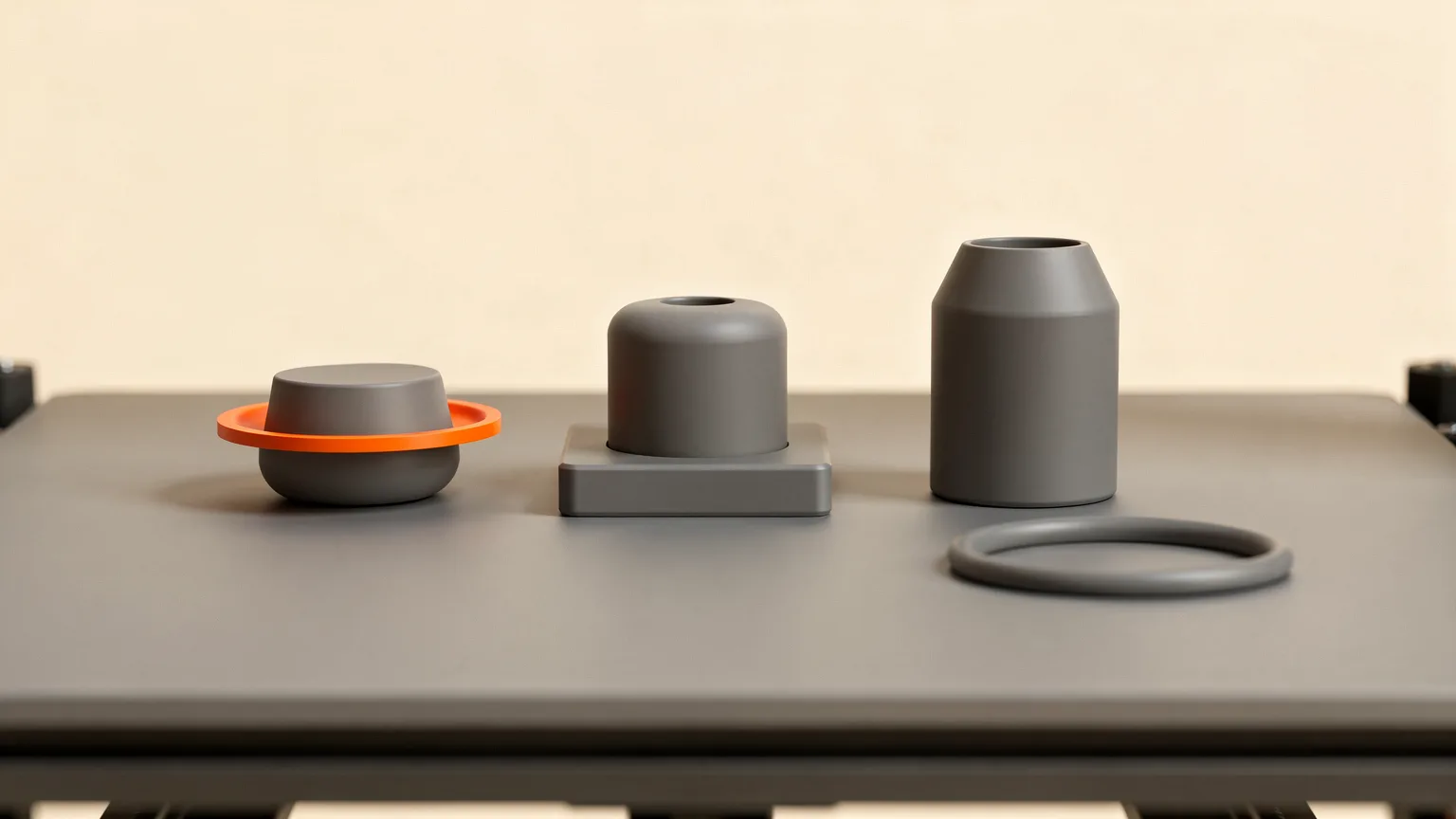 Illustration: three small printed objects side by side on a bed: one with a thin brim around its base, one on a thick raft, one with a loose skirt ring nearby, orange used only for the brim
