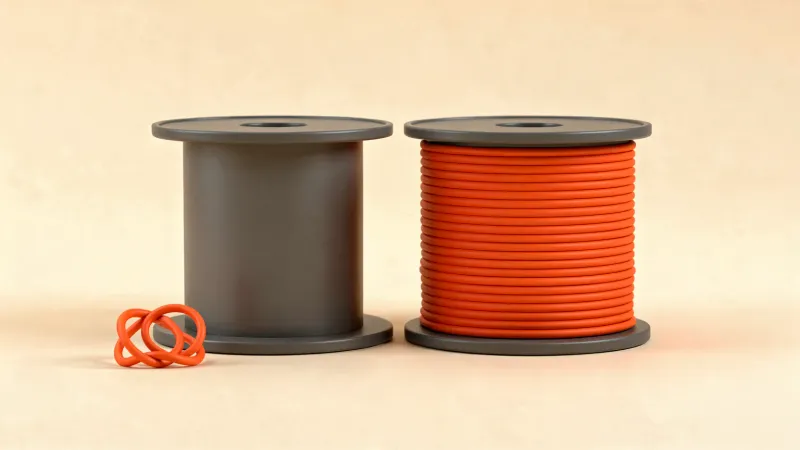 Illustration: two filament spools side by side, a plain graphite one with a tangled loop and a smoothly wound orange one