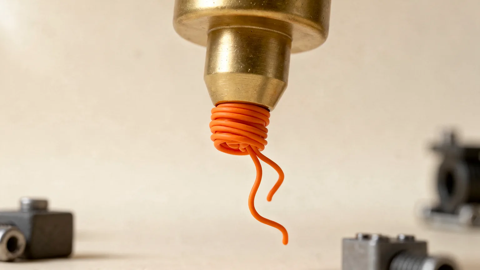 Illustration of a brass-coloured printer nozzle with a plug of orange filament jammed at the tip and thin orange wisps escaping