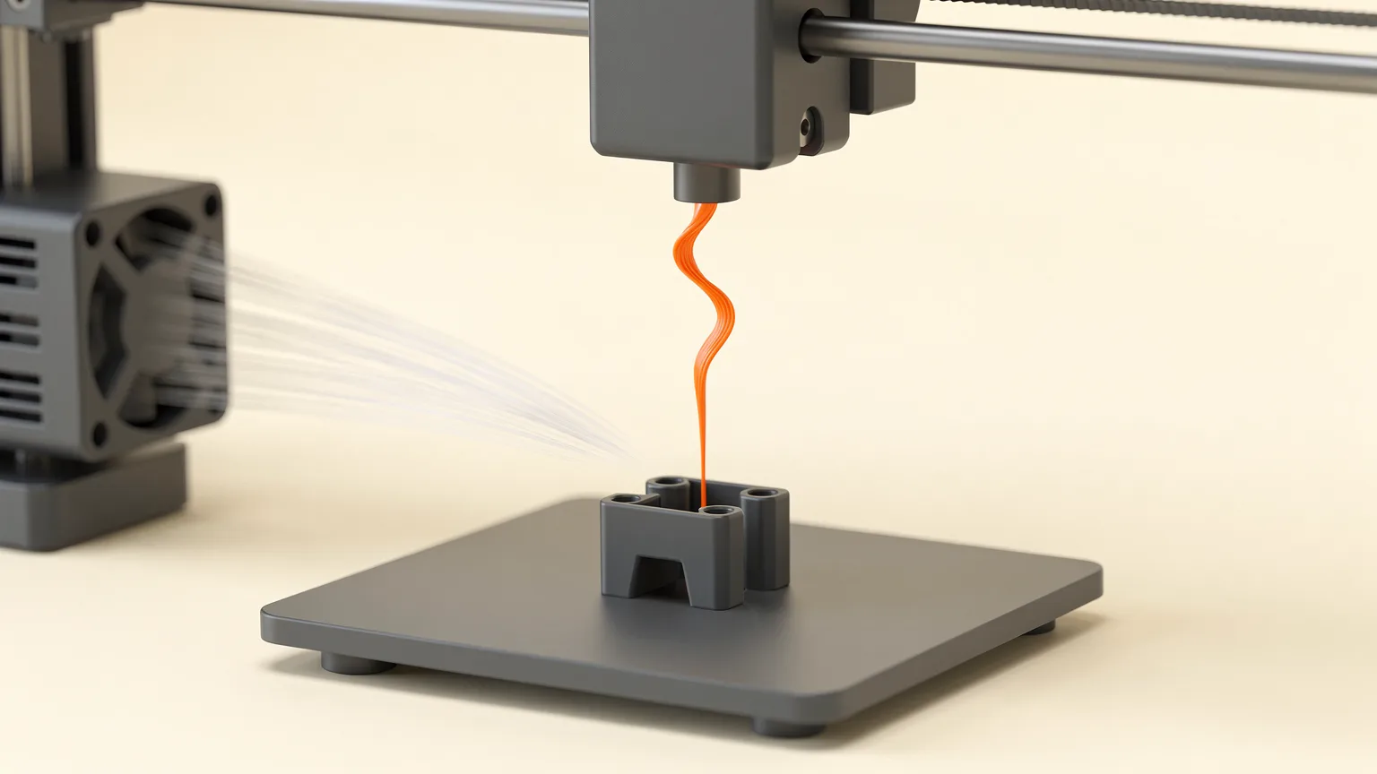 Illustration of a fan duct blowing air onto a small charcoal printed part while an orange filament strand leaves the nozzle