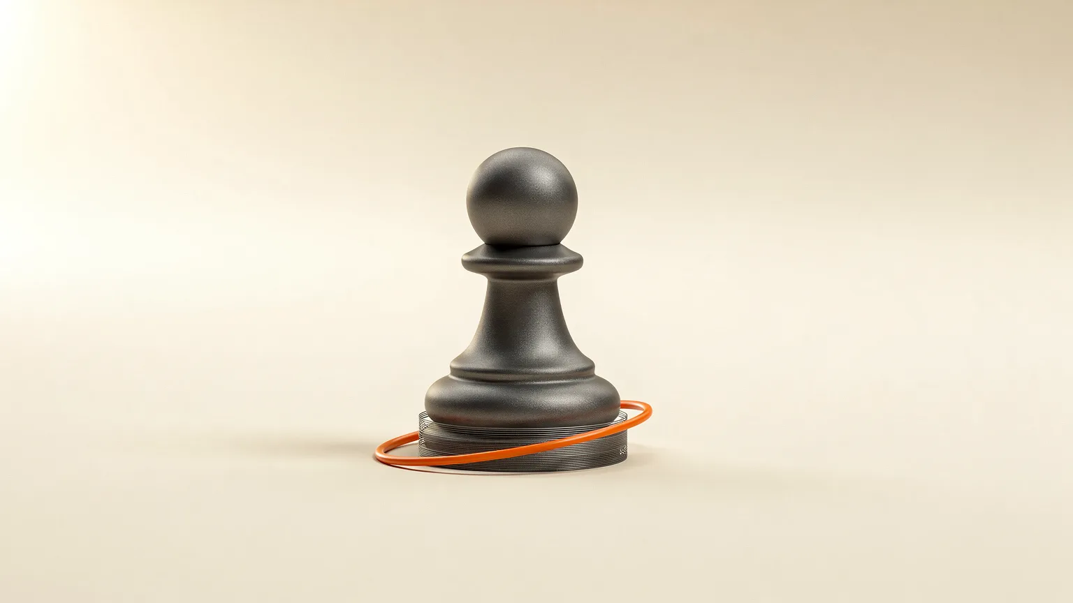 Illustration: a smooth graphite model of a small chess pawn standing on a flat plane with thin translucent layer lines starting to appear at its base, one orange toolpath thread