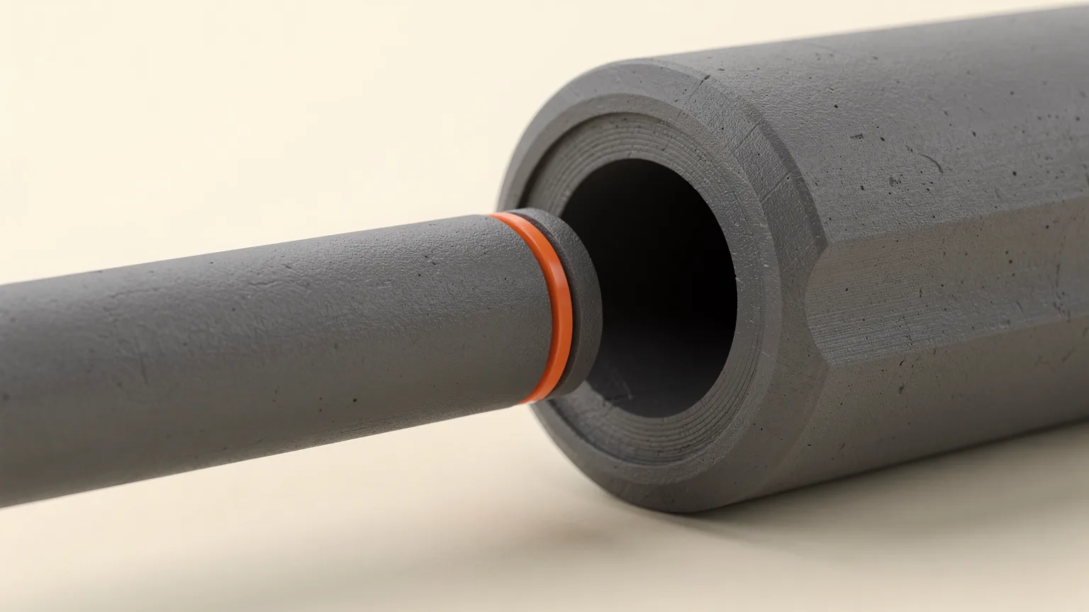 Grey printed peg with an orange ring entering a round hole in a printed cylinder, showing the clearance gap