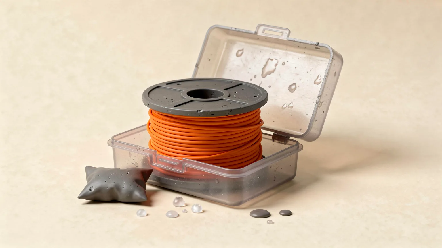 Illustration of an orange filament spool in an open clear dry box with a silica gel pouch and small water droplets beside it