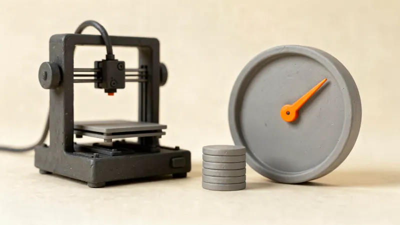Illustration: a generic 3D printer beside a plain round energy meter dial with an orange needle and a stack of unmarked coins