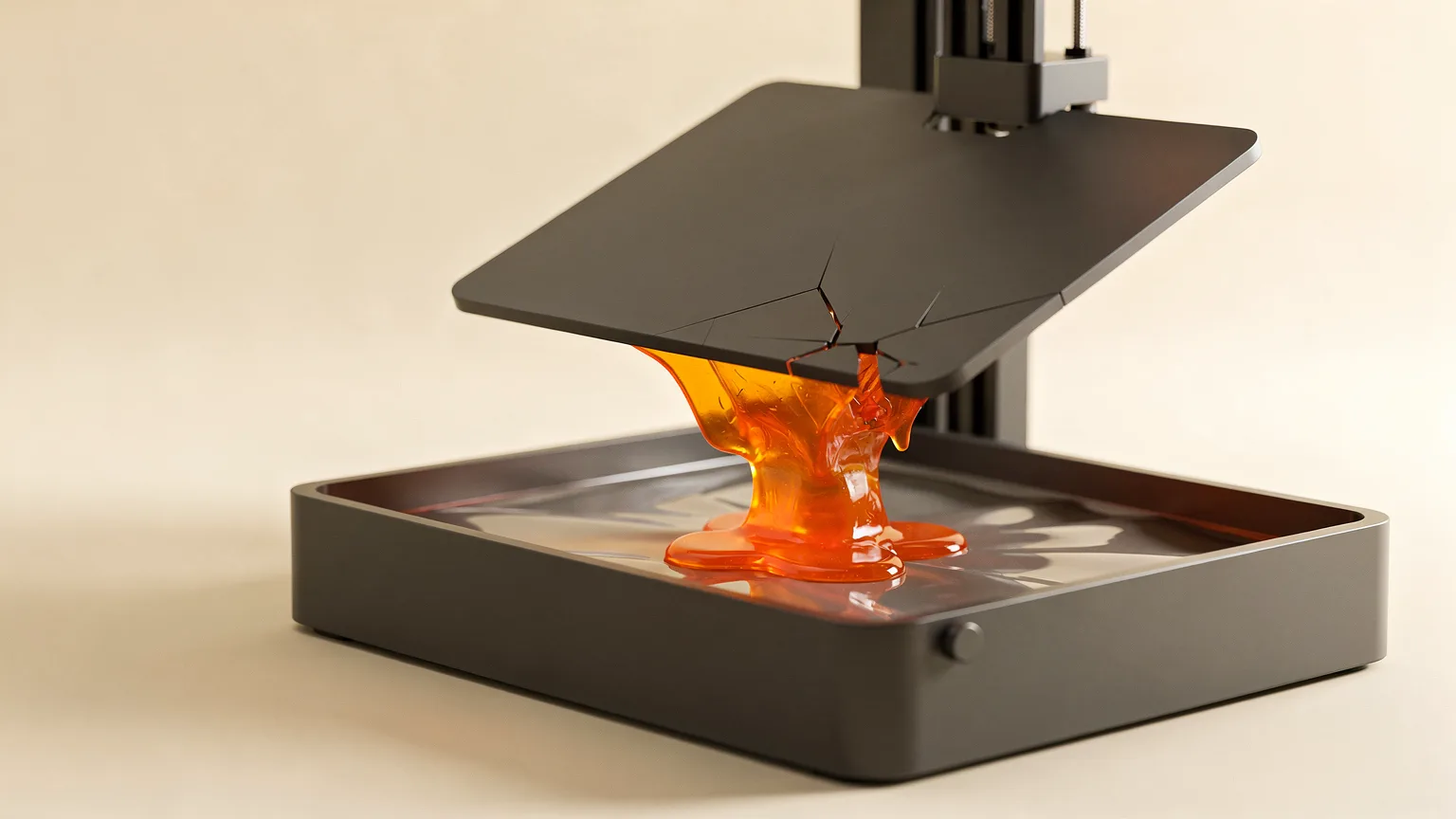 Illustration of a resin printer build plate with a cracked orange resin part stuck to the vat film beneath it