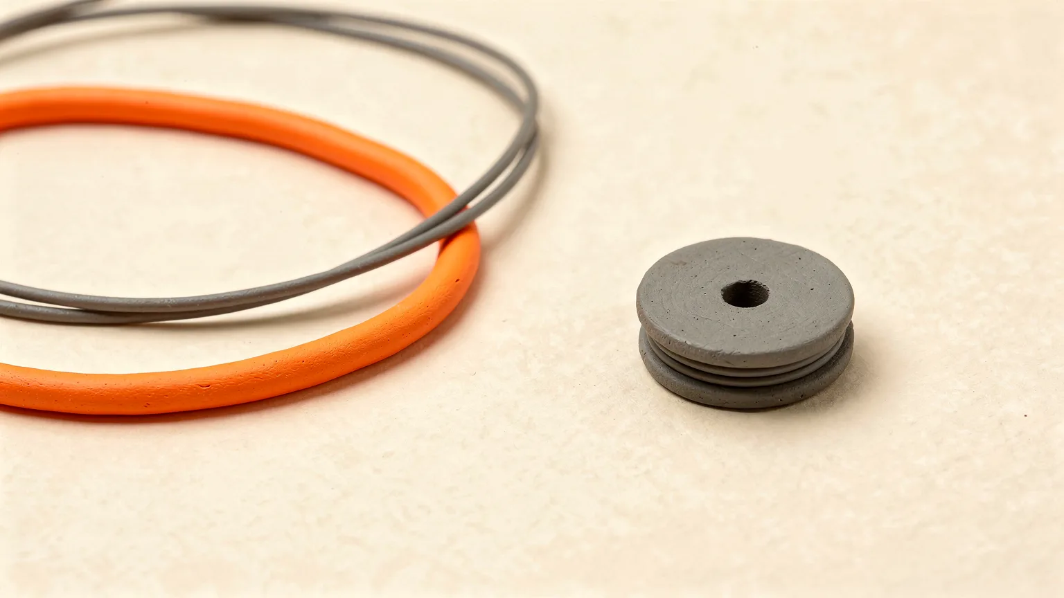 Illustration of a thin graphite filament strand and a thick orange strand loosely coiled beside a small round spool end