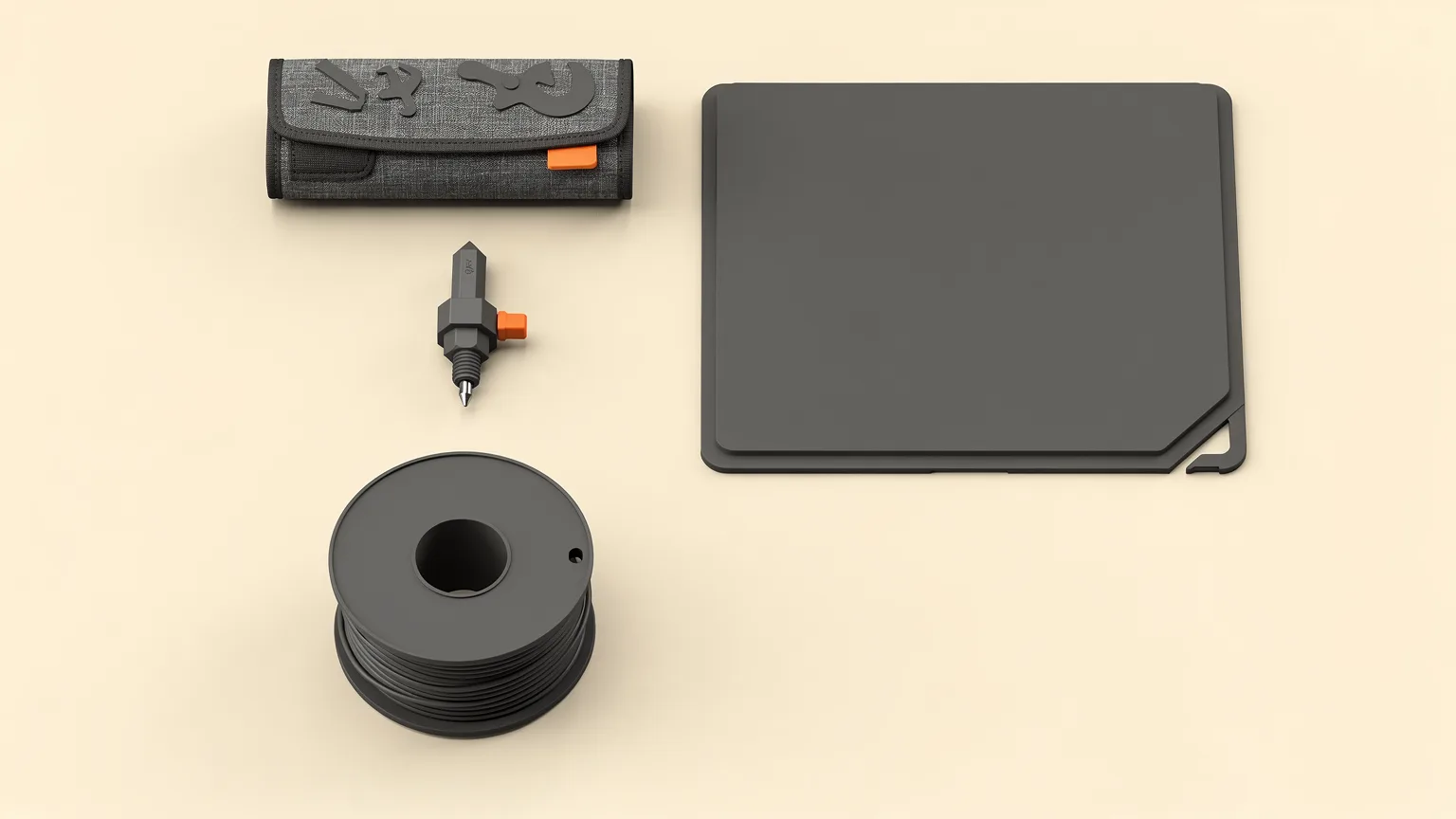 Illustration: a flat-lay of a printer nozzle, a spare build plate, a filament spool and a tool roll