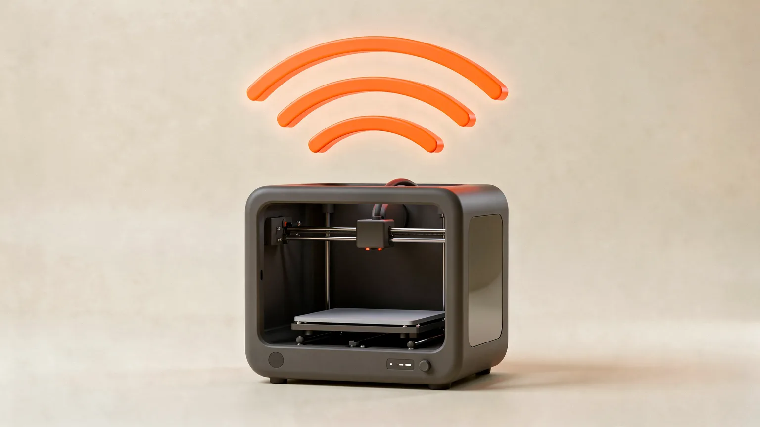 Generic charcoal desktop 3D printer with three orange Wi-Fi signal arcs floating above it