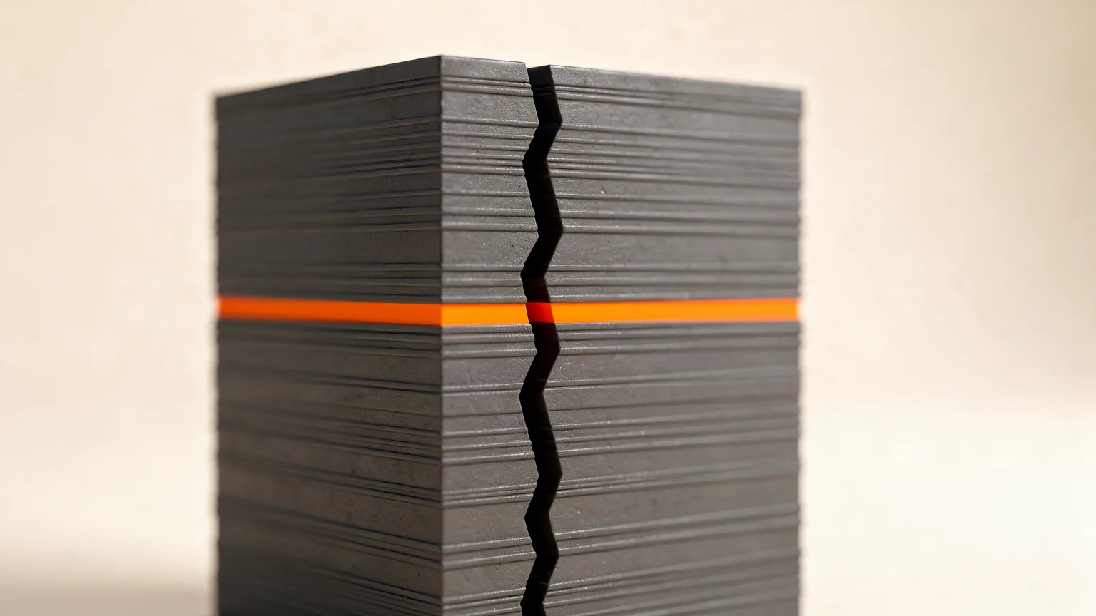 Illustration: a close-up of a graphite printed tall box with a thin vertical crack splitting its side between layers, one orange layer line visible at the crack