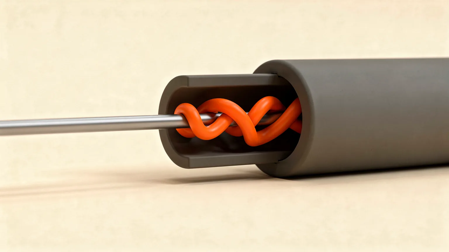 Cutaway of a grey tube with a single orange filament strand twisted and bunched up inside while a clean strand enters from the left