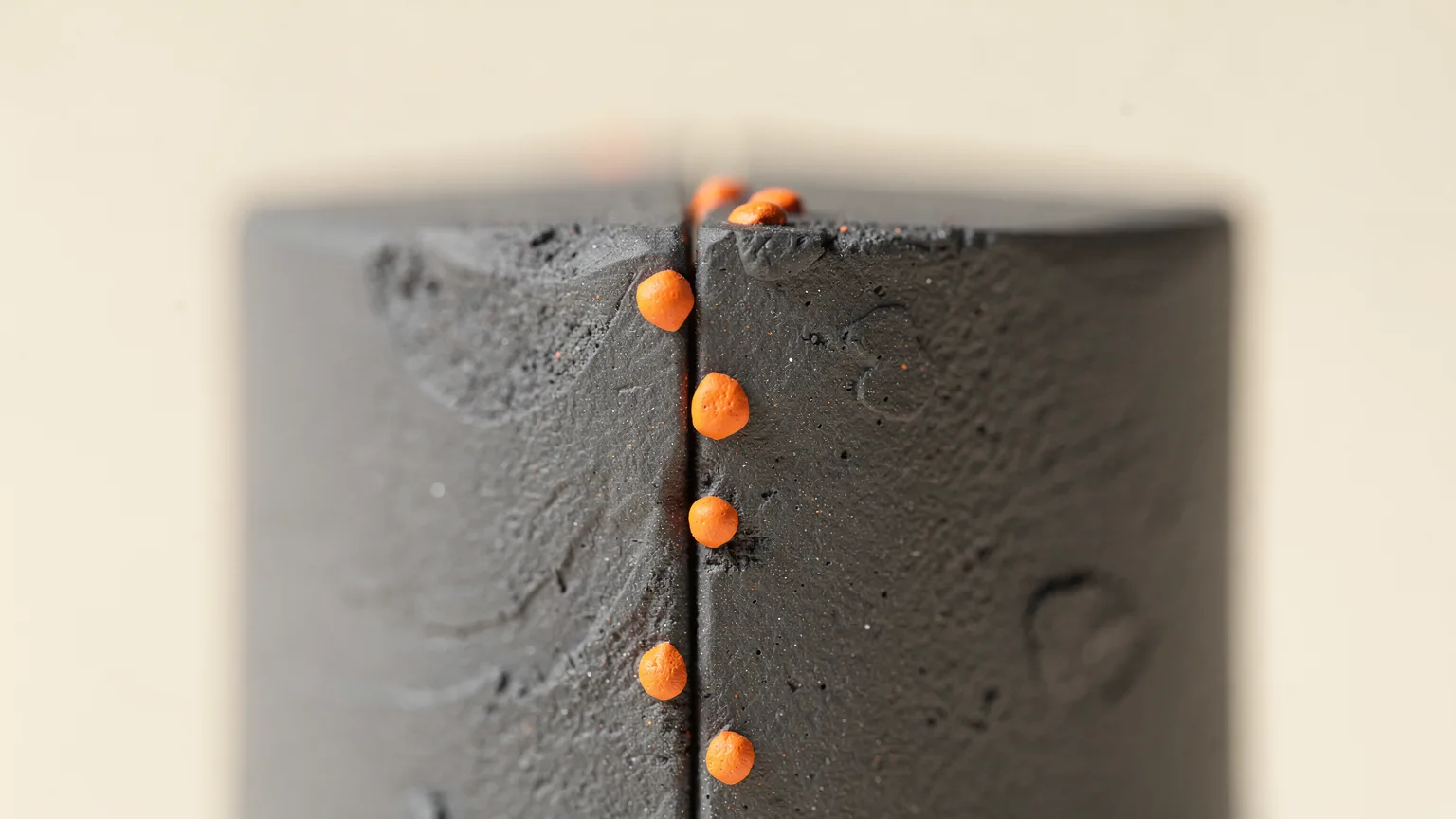 Illustration: a close-up of a small graphite printed cylinder with a few small raised orange blobs dotted along its seam line, macro view