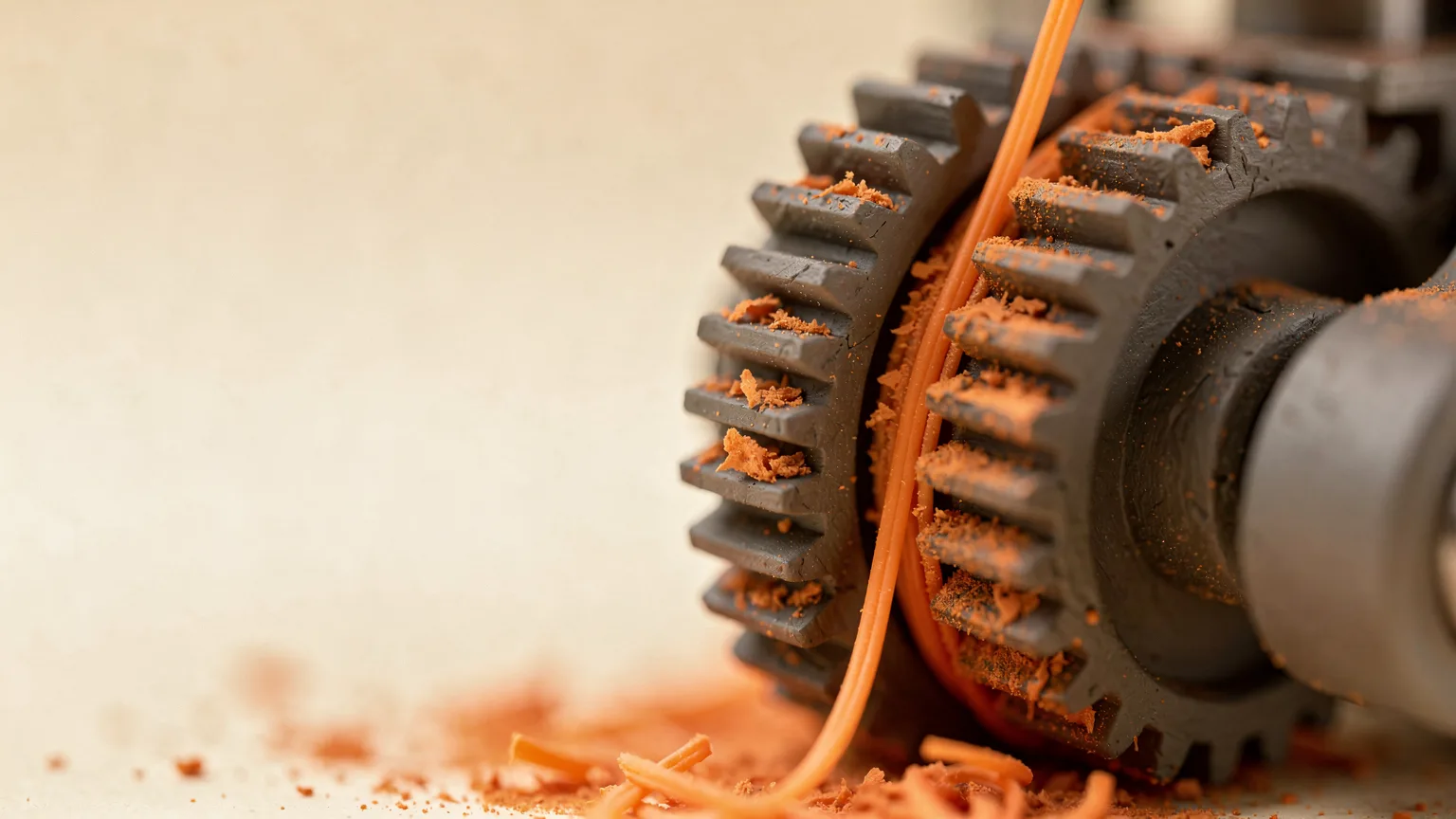 Illustration: a close-up of a generic extruder gear with fine orange filament shavings around its teeth and a thin strand being ground, macro view