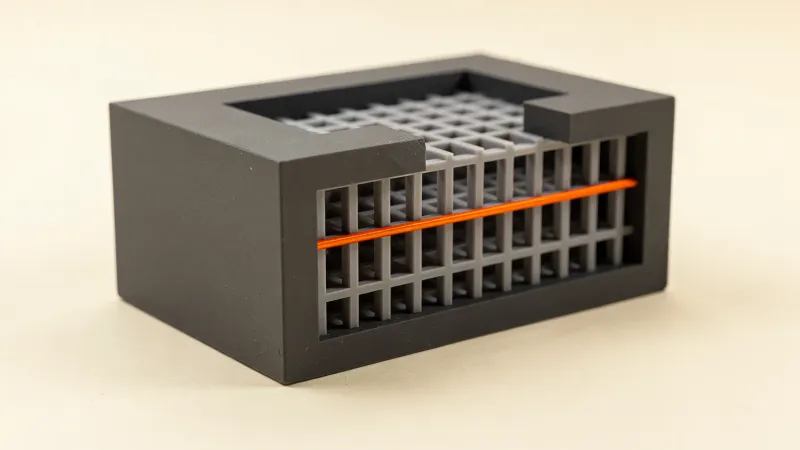 Cut-away block with a charcoal outer wall, grey grid infill and one orange strand running through a gap between them