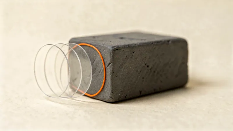 Illustration: a small graphite printed block with faint repeated ripple echoes beside its sharp corner, side view