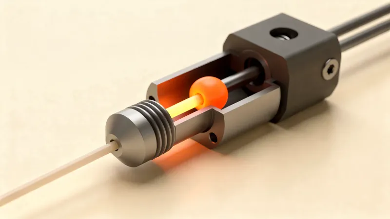 Cutaway of a generic hotend with a pale filament strand swelling into an orange bulb above the heater block
