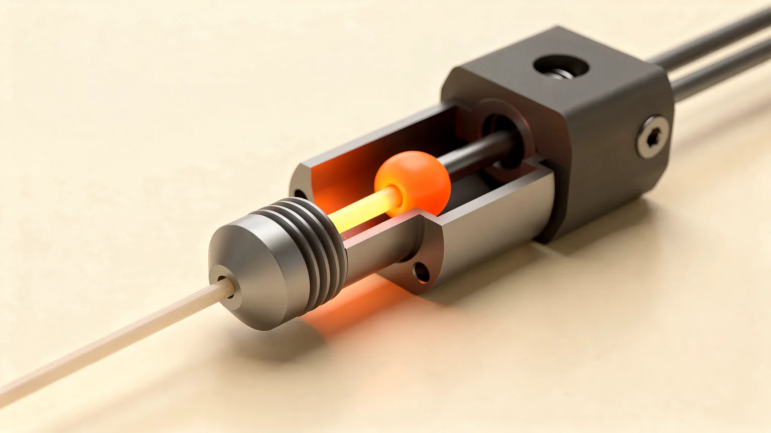 Cutaway of a generic hotend with a pale filament strand swelling into an orange bulb above the heater block