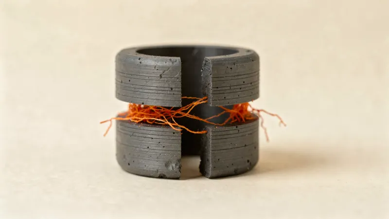 Illustration: a small graphite printed cylinder pulled apart at one layer line, with orange strands bridging the gap
