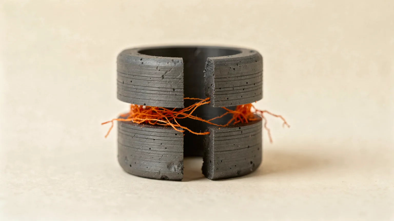 Illustration: a small graphite printed cylinder pulled apart at one layer line into two sections with orange thread-like strands bridging the gap