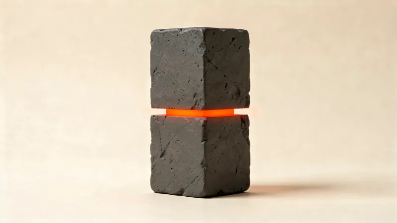 Illustration: a tall graphite printed block with its upper half shifted sideways from the lower, an orange layer at the shift