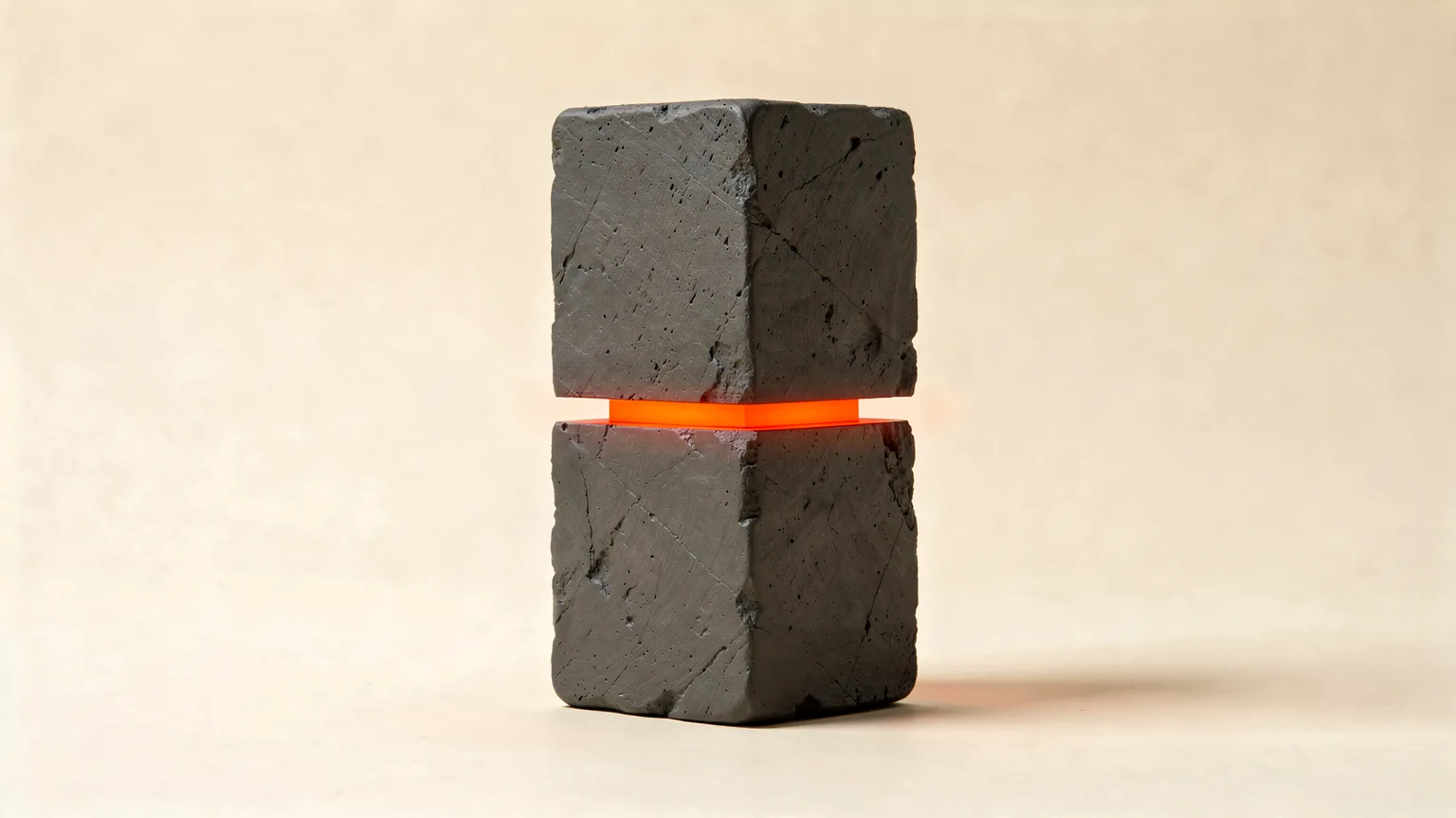 Illustration: a tall graphite printed block whose upper half is visibly shifted sideways from the lower half, with a thin orange layer at the shift line