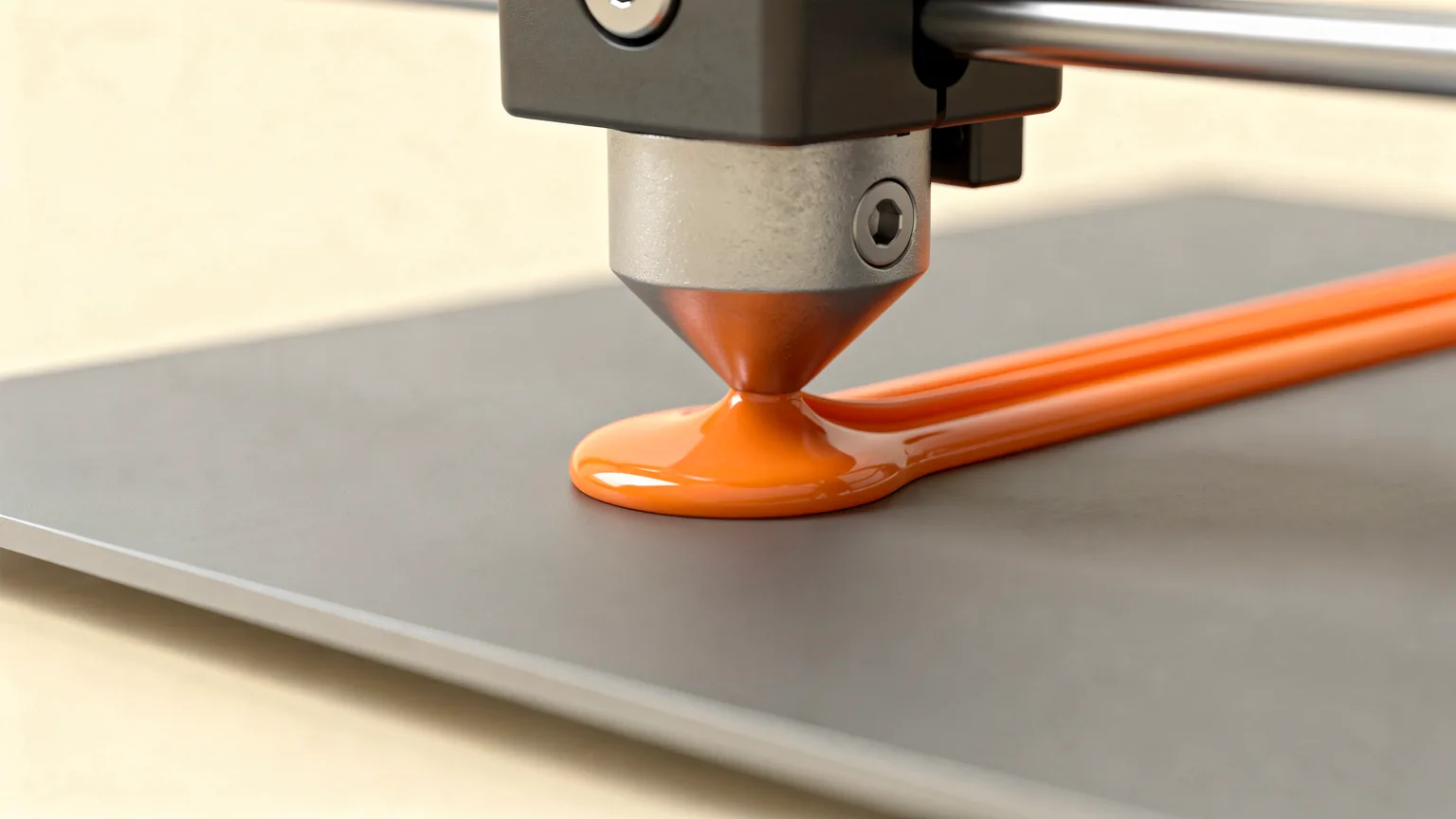 A nozzle tip pressed close to a flat build plate with orange filament squashed wide and flat beneath it