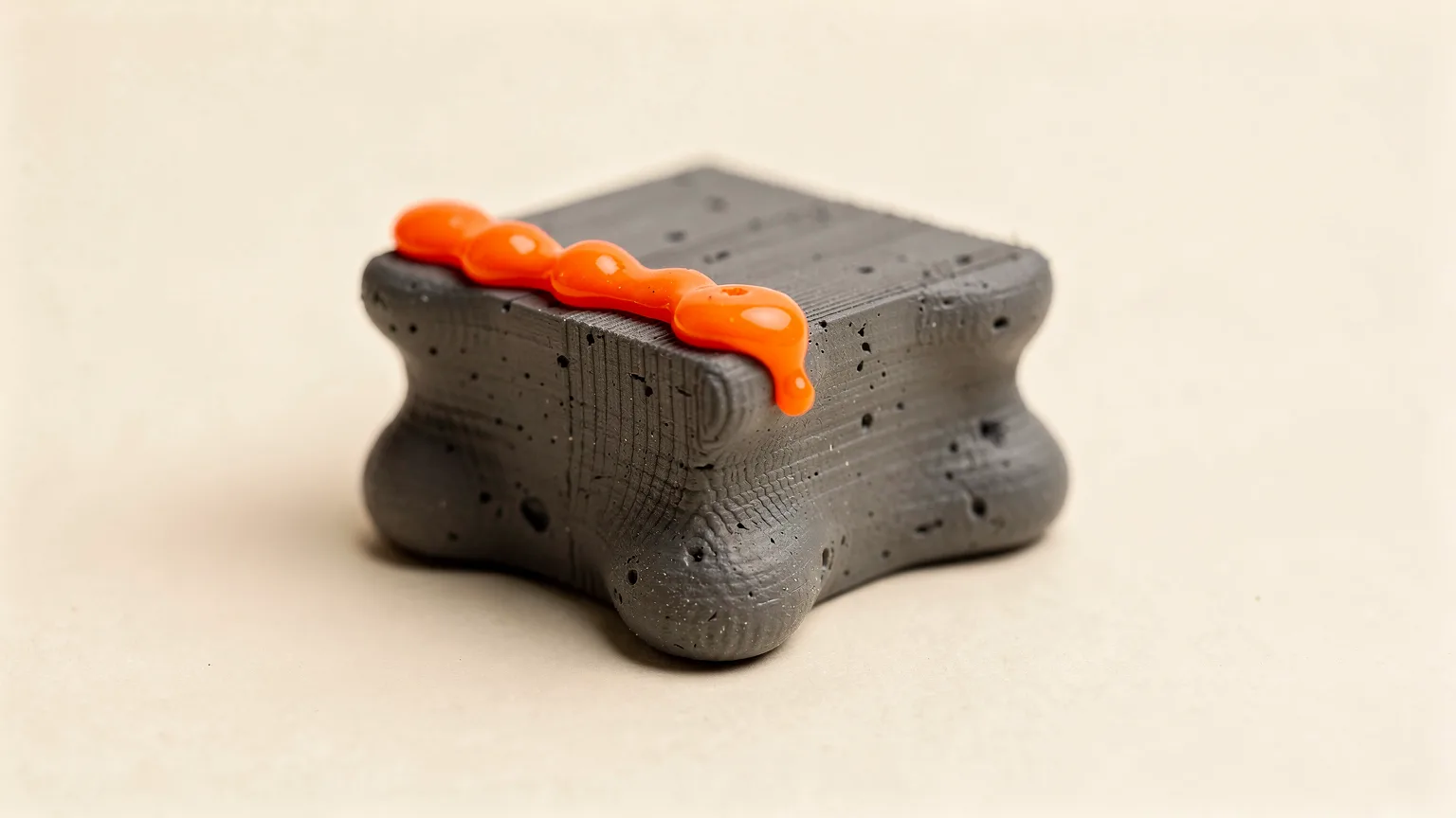 Illustration: a small graphite printed square with swollen, bulging walls and an orange bead of excess filament along its top edge, macro view