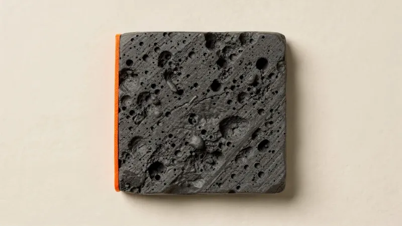 Illustration: a top-down close-up of a graphite printed square top surface with gaps and soft pillowed dips