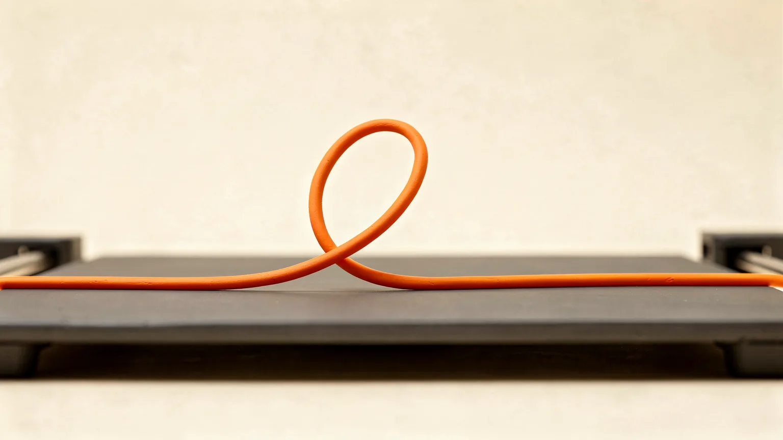 Illustration: a thin orange line of filament curling away from a graphite print bed in a loose loop, leaving the bed bare behind it, low angle