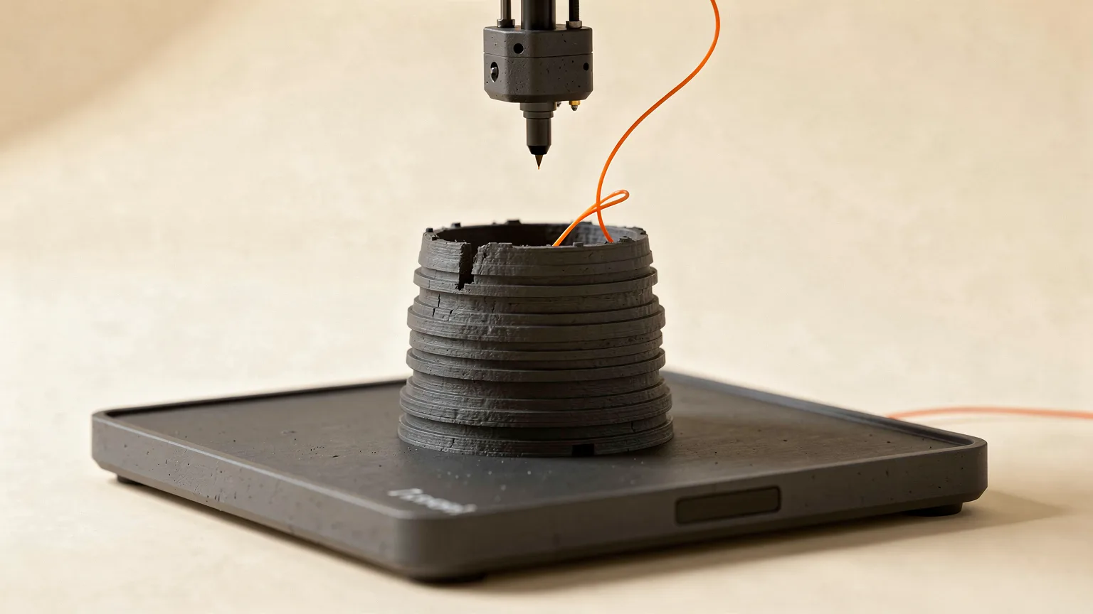 Illustration: a half-finished graphite printed tower standing on a bed with the nozzle lifted above it and a loose orange strand hanging in the air