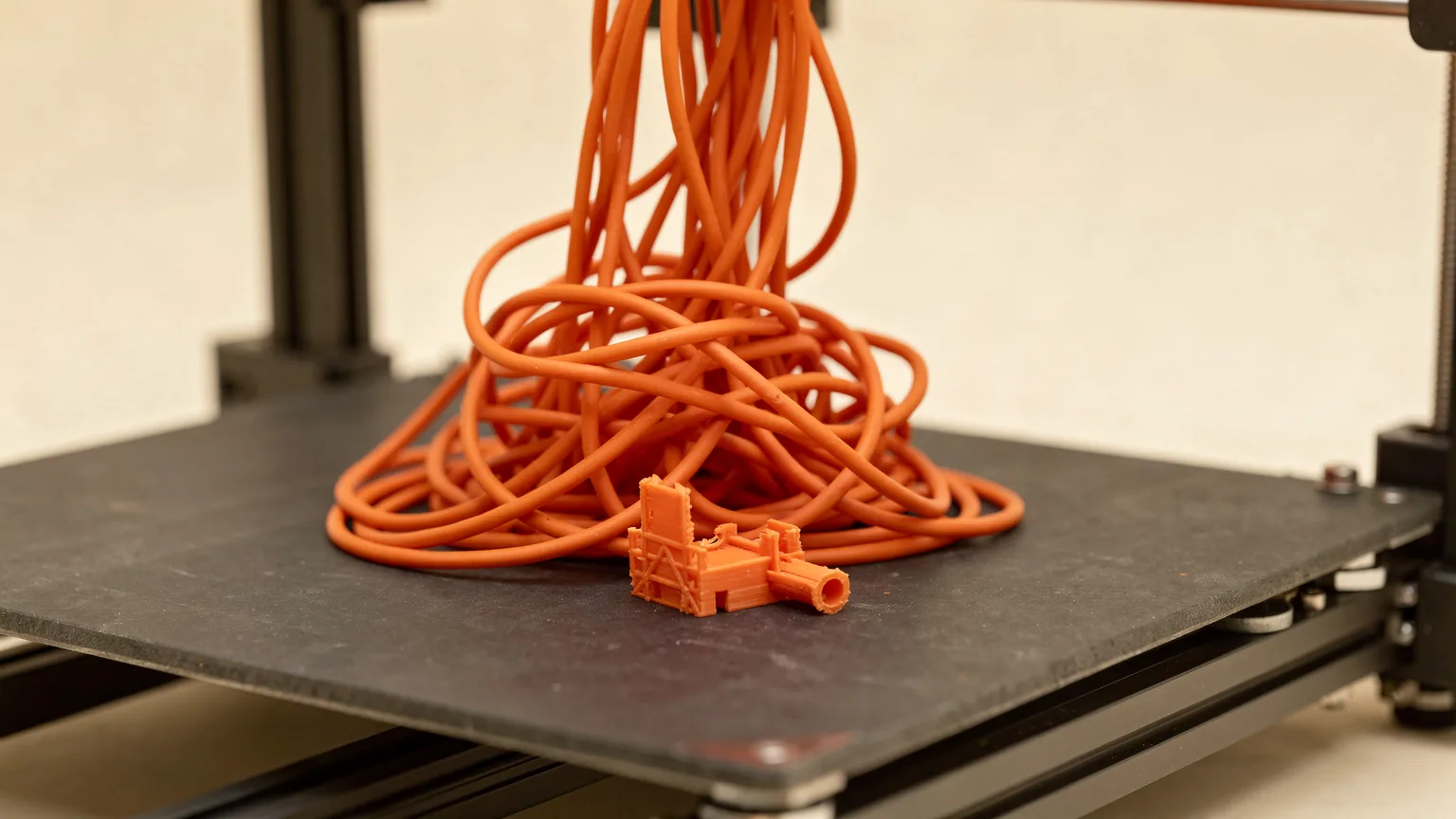 Illustration: a tangled heap of orange filament loops rising from a graphite print bed, with a small collapsed printed shape at the bottom of the tangle
