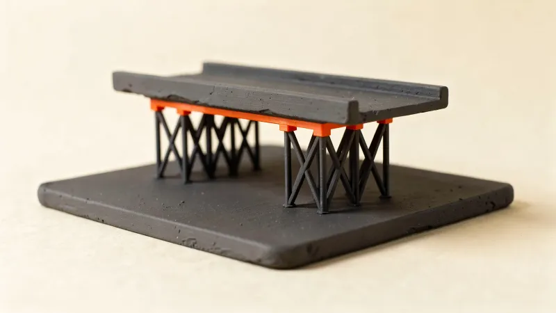 Charcoal clay-style bridge on a print bed resting on black lattice support pillars, with a thin orange interface layer