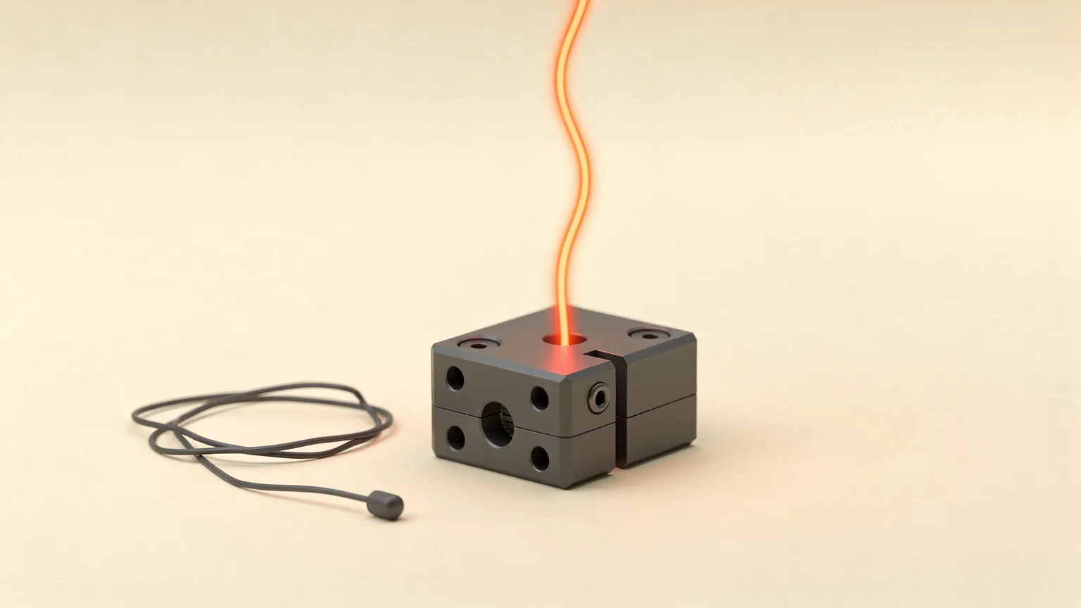 Dark generic heater block with a glowing orange heat line rising from it and a loose sensor wire coiled beside it